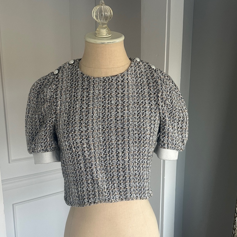 Zara - Chic Gray Tweed Puff Sleeve Top